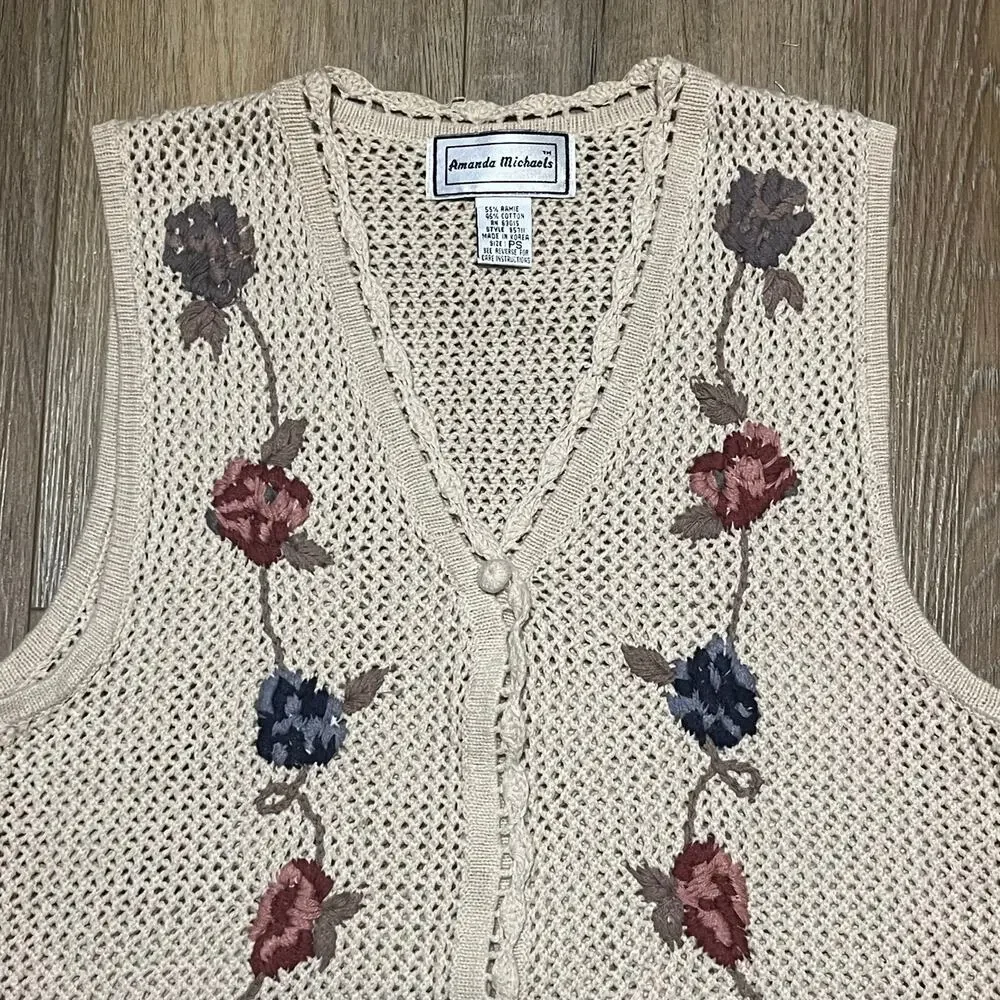 VTG Crochet Knit Floral Boho Vest Small Cream Ramie Cotton Cottagecore Hippie - Picture 3 of 7